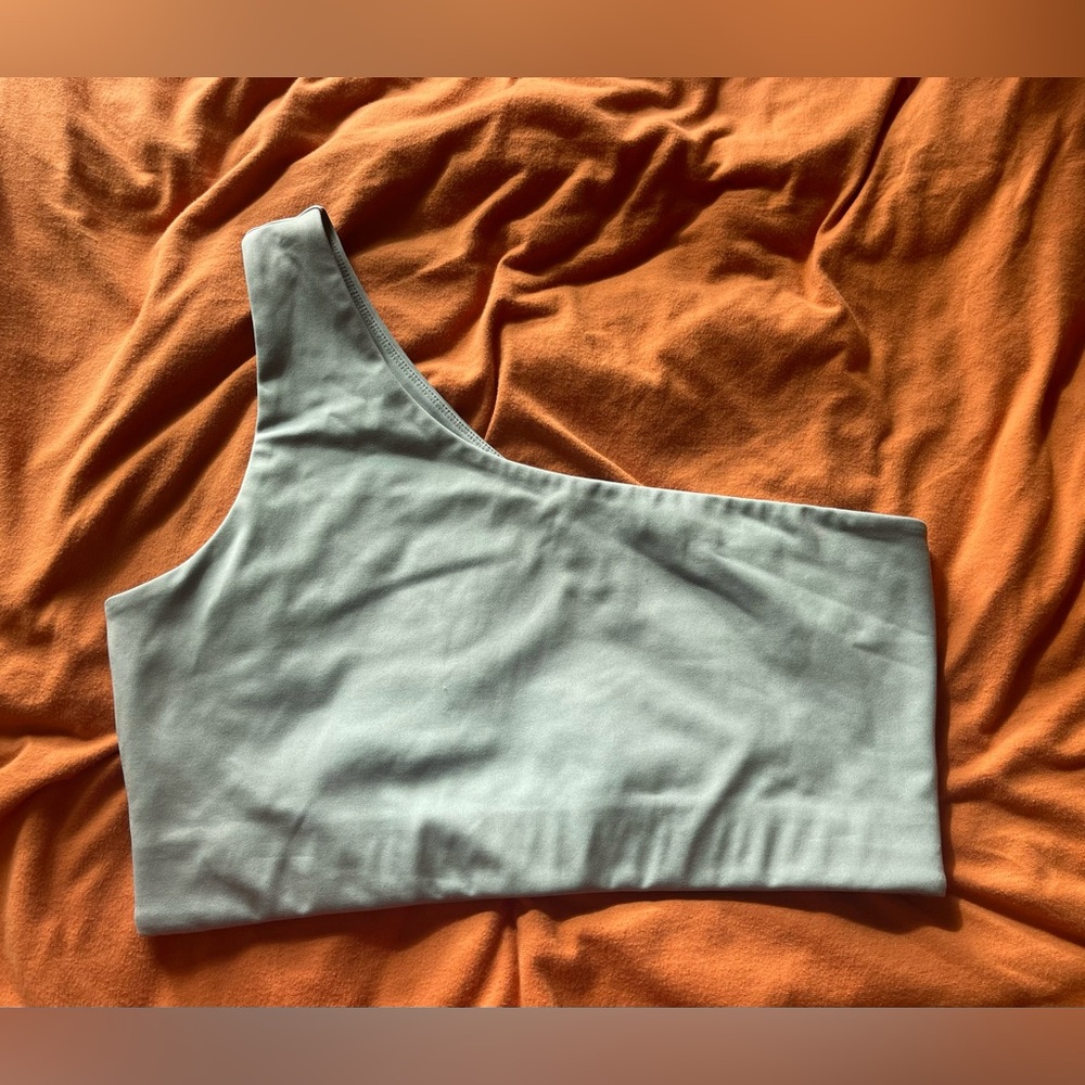 girlfriend collective bianca light blue one shoulder bra top